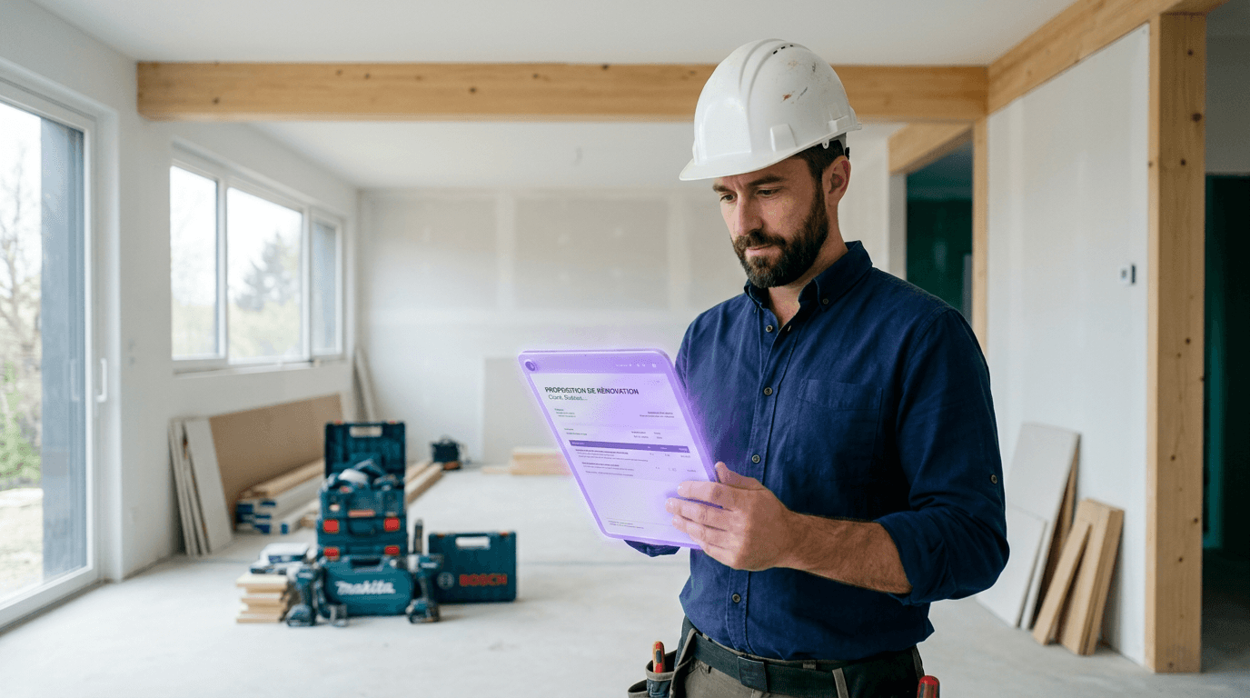 Artisan consultant un devis Ubiqia sur tablette en chantier